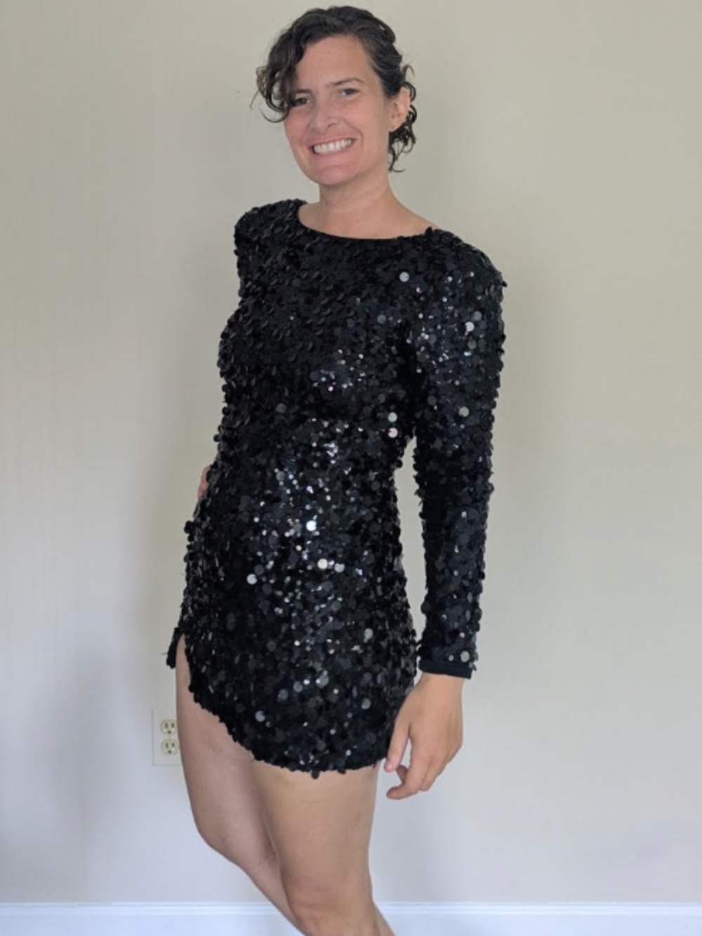 Dress the Population Black Sequin Long Sleeve Mini Dress Size M